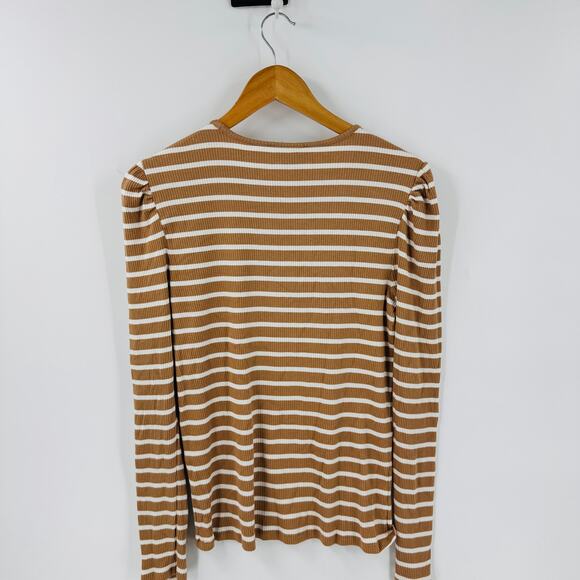 Ann Taylor Weekend Tan White Striped Puff Shoulder Ribbed Long Sleeve Top Size L - Picture 2 of 7